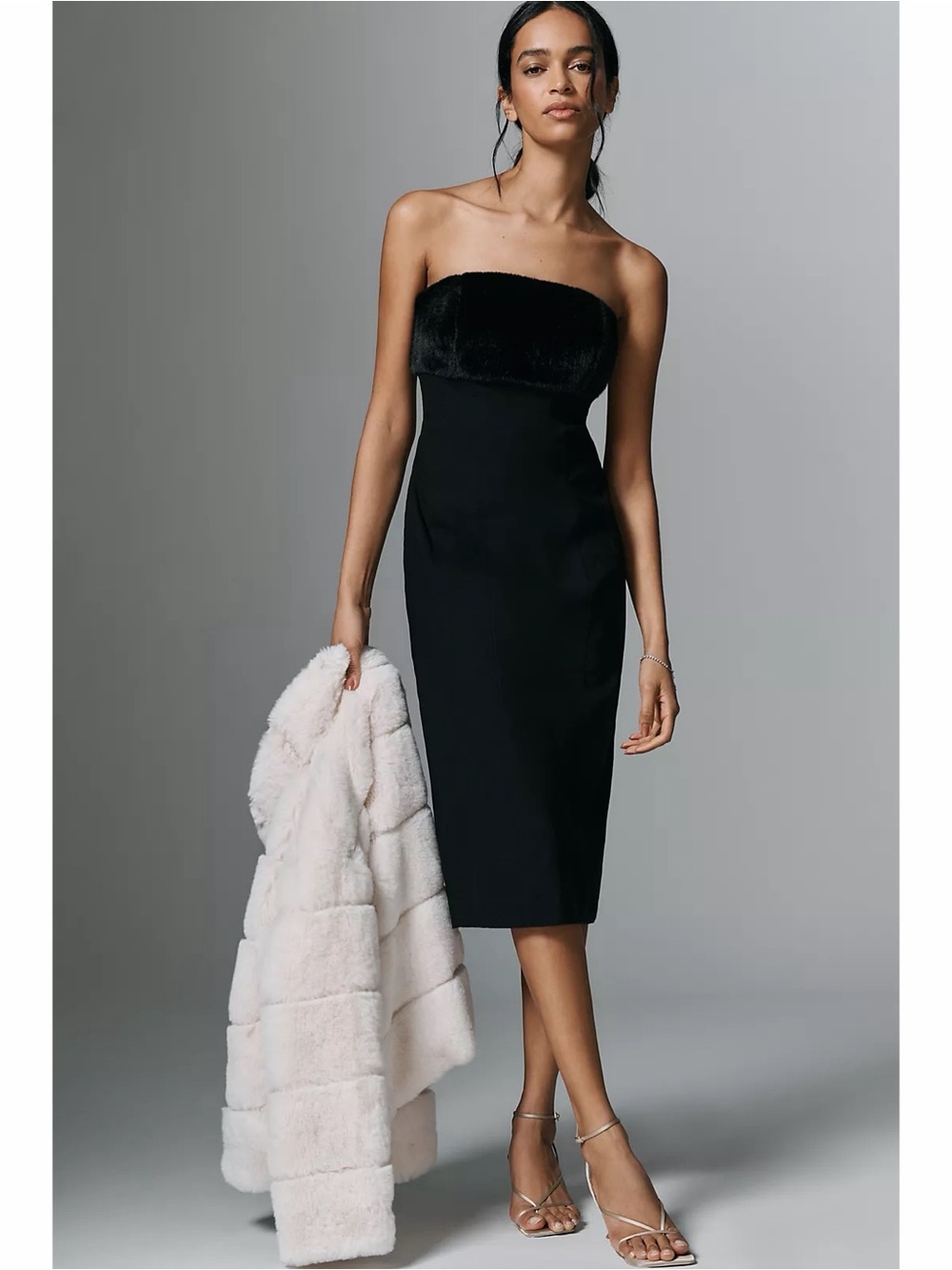 Anthropologie Strapless Faux Fur Trim Slim Midi Dress Black Holiday Party Luxe M